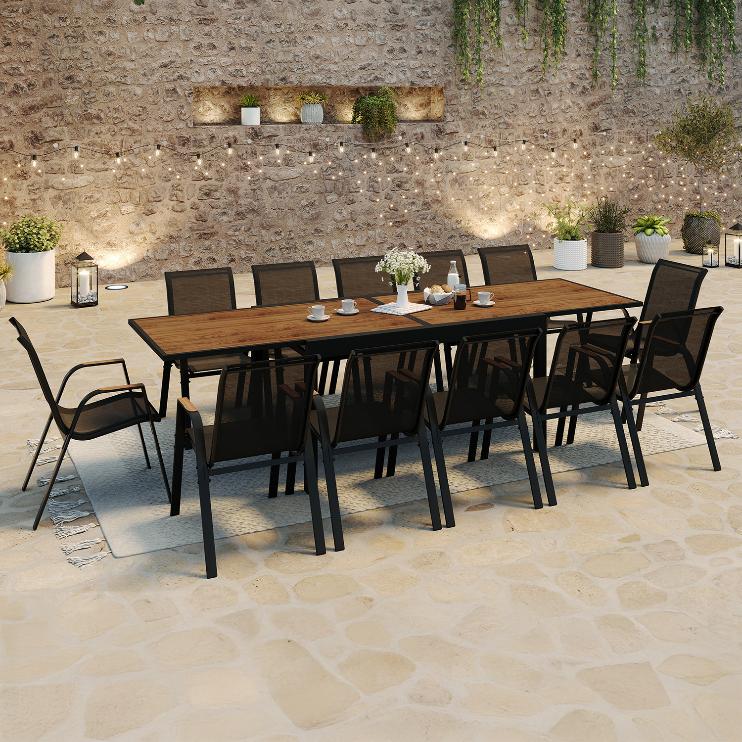 Salon de jardin table extensible avec plateau verre trempé effet bois et chaises empilables