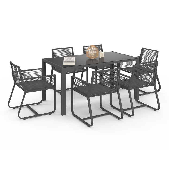 Gartenmöbel 6 Sitzer Tisch 150cm Sessel Seil grau anthrazit - ODESSA | ID Market