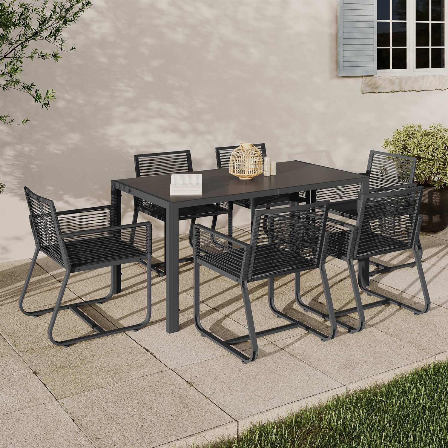 Salon de jardin 6 personnes table 150 cm fauteuils cordage gris anthracite