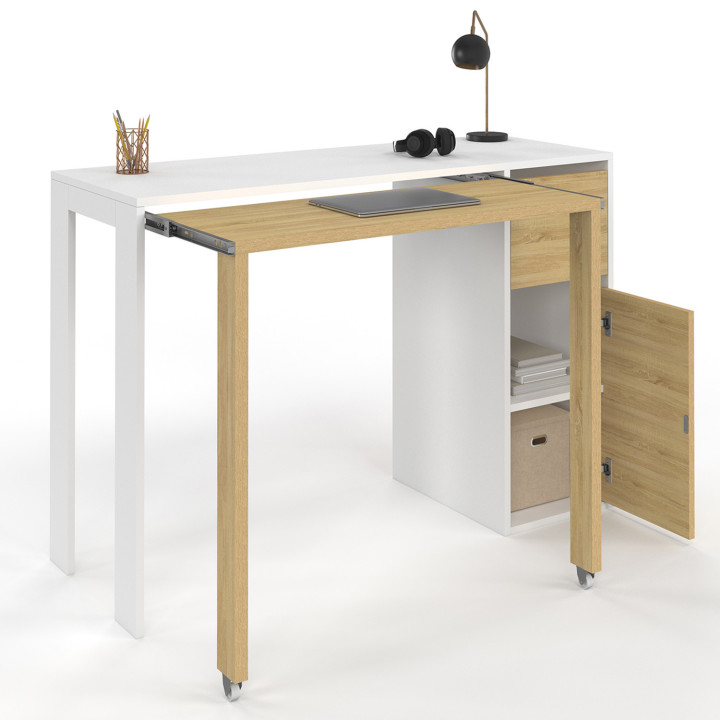 Bureau extensible blanc et bois avec colonne de rangement, tiroir et placard - RON | ID Market