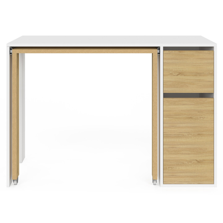 Bureau extensible blanc et bois avec colonne de rangement, tiroir et placard - RON | ID Market