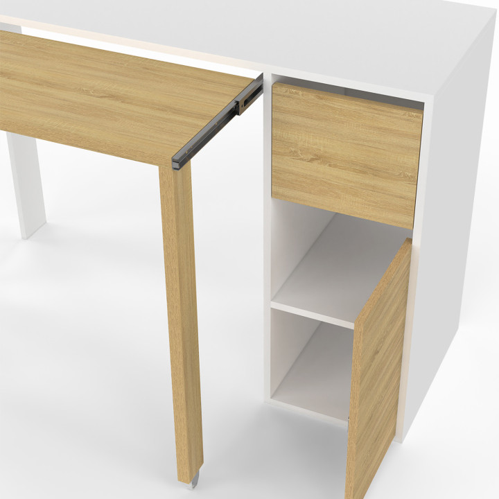 Bureau extensible blanc et bois avec colonne de rangement, tiroir et placard - RON | ID Market
