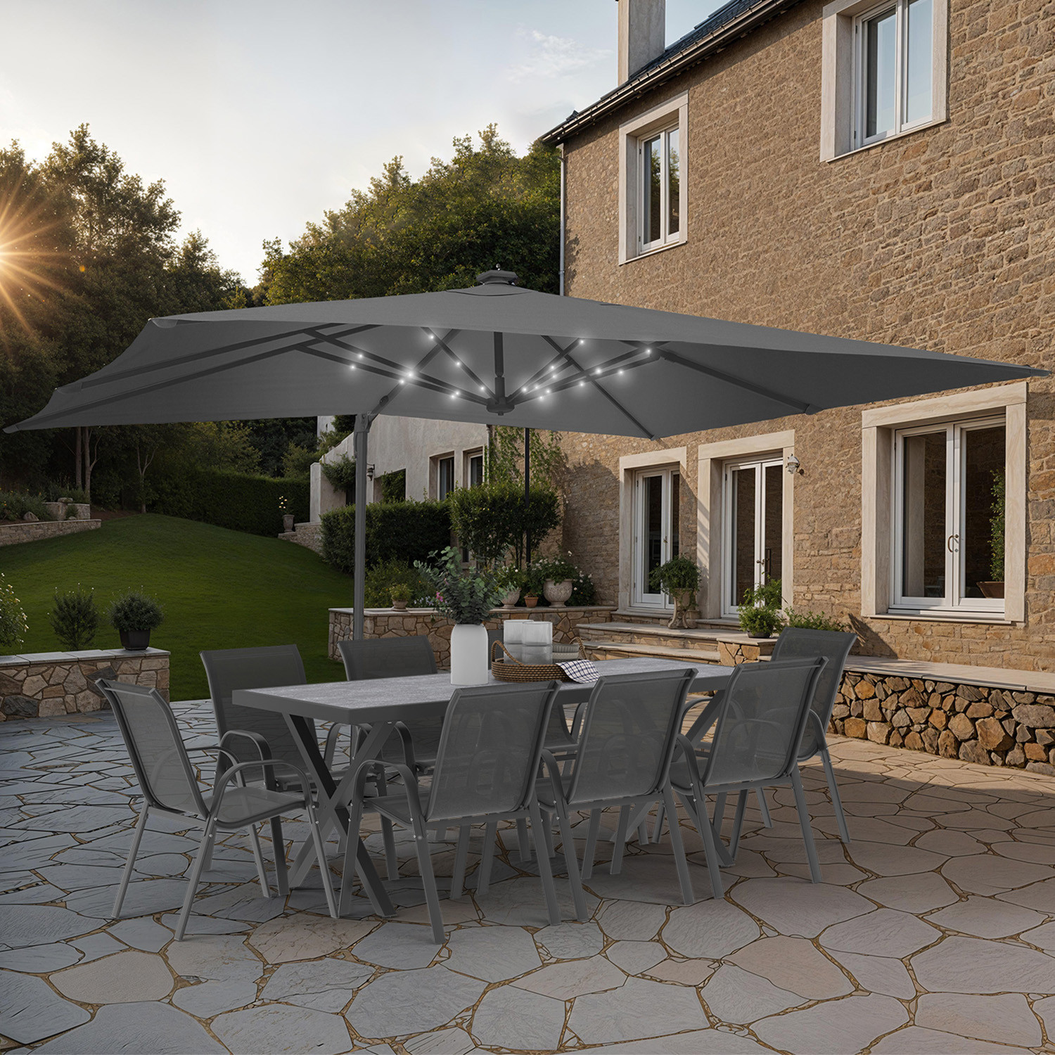 Parasol déporté inclinable 3x4 m rotatif 360 gris avec LED