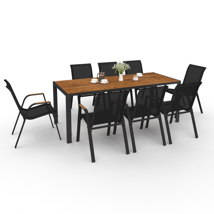 Conjunto de muebles de jardín mesa 190cm, tablero efecto madera y 8 sillas apilables - NOUMEA | ID Market
