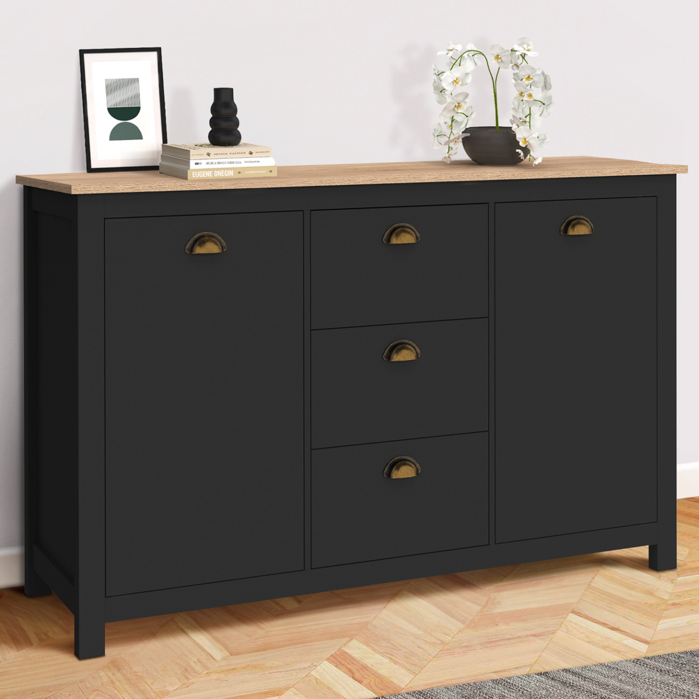 Sideboard 2 Türen 3 Schubladen 130 CM Landhaus Holz und Schwarz - ISIS
