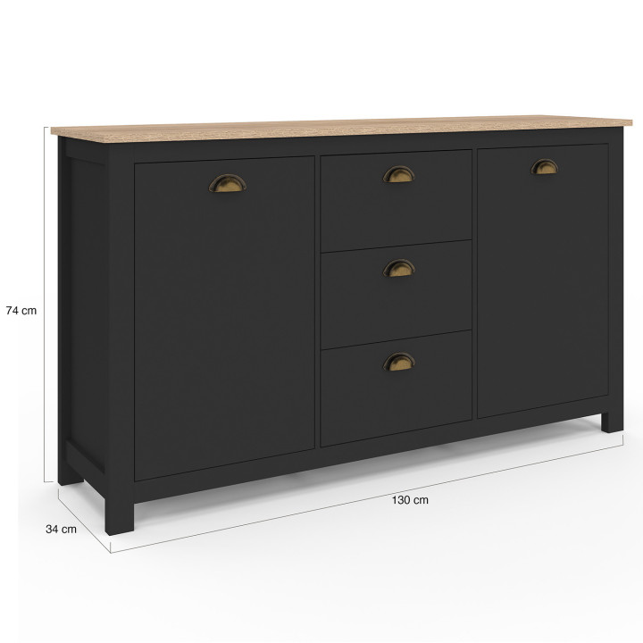 Dressoir 2 deuren 3 laden 130 CM hout en zwarte campagne - ISIS | ID Market