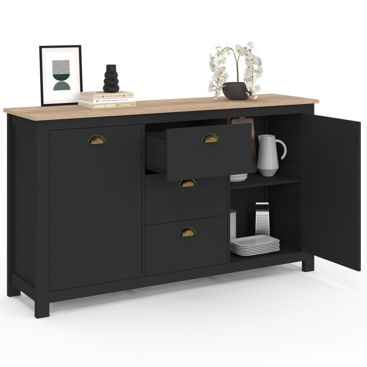 Dressoir 2 deuren 3 laden 130 CM hout en zwarte campagne - ISIS | ID Market