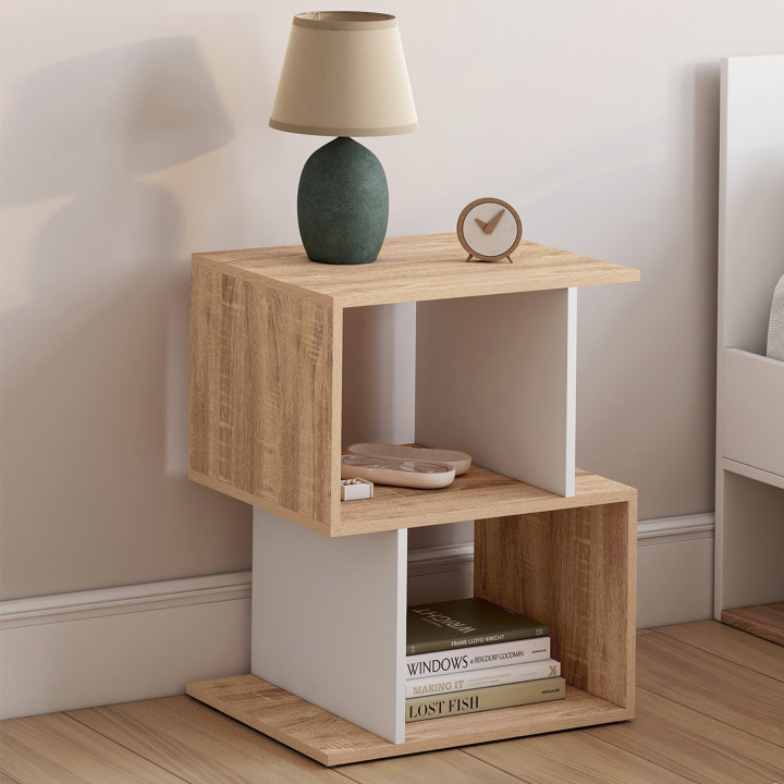 Lot de 2 tables de chevet SOFIA forme S avec rangements ouverts effet hêtre et blanc Lot de 2 tables de chevet SOFIA forme S avec rangements ouverts effet hêtre et blanc