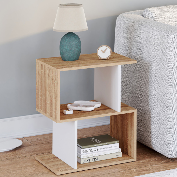 Lot de 2 tables de chevet SOFIA forme S avec rangements ouverts effet hêtre et blanc Lot de 2 tables de chevet SOFIA forme S avec rangements ouverts effet hêtre et blanc