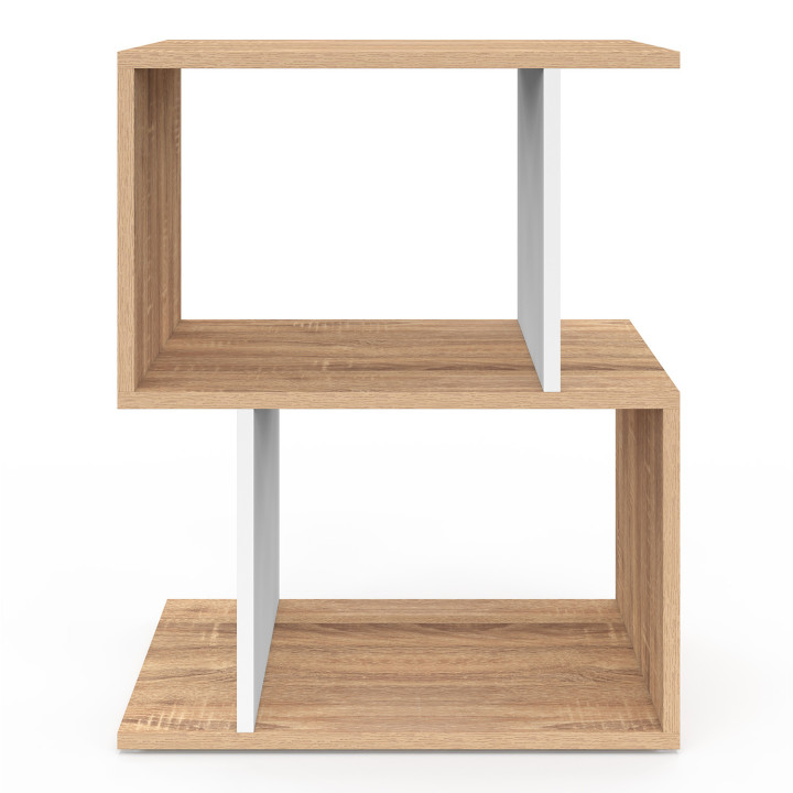 Lot de 2 tables de chevet SOFIA forme S avec rangements ouverts effet hêtre et blanc Lot de 2 tables de chevet SOFIA forme S avec rangements ouverts effet hêtre et blanc