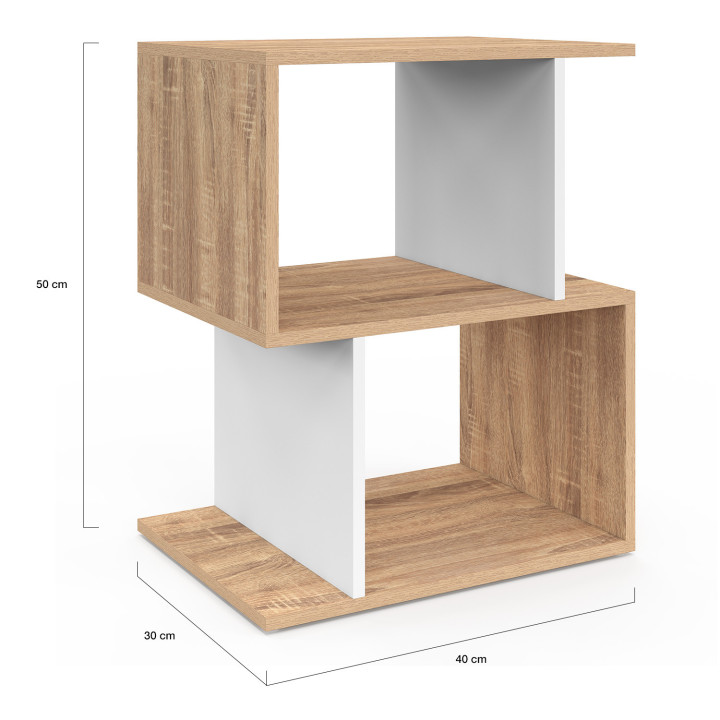 Lot de 2 tables de chevet SOFIA forme S avec rangements ouverts effet hêtre et blanc Lot de 2 tables de chevet SOFIA forme S avec rangements ouverts effet hêtre et blanc