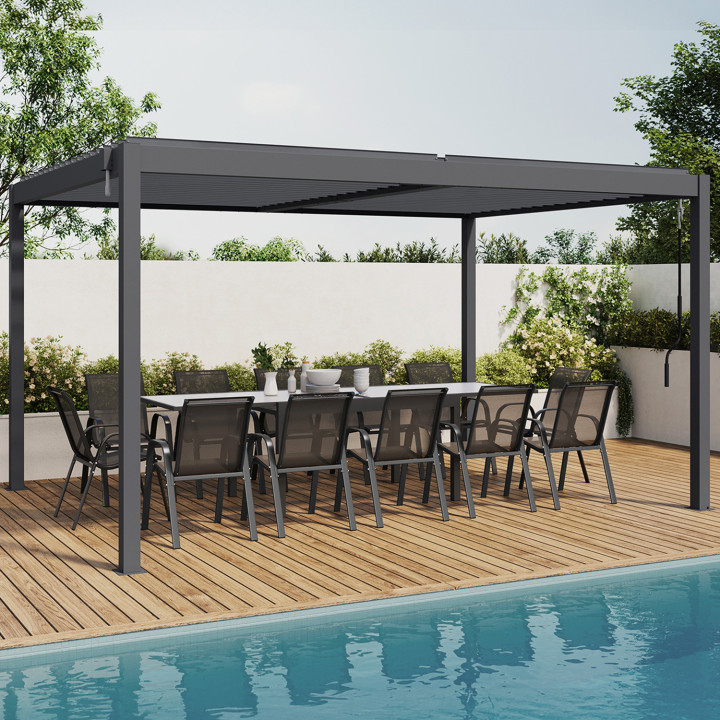Pergola bioclimatica a lamelle orientabili 3x4 M in acciaio grigio antracite | ID Market