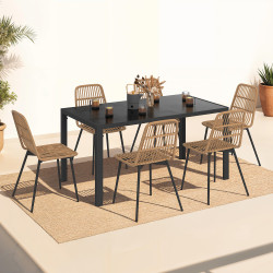 16944 - Salon de jardin avec table au plateau verre trempé et chaises rotin Salon de jardin SUMMER table 150 cm plateau verre trempé et 6 chaises rotin