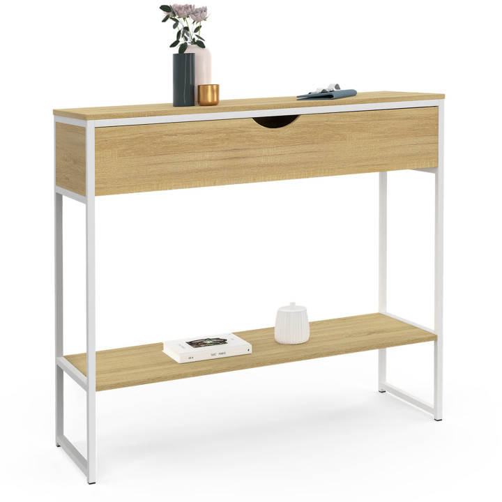 Console 1 tiroir DETROIT 1 étagère design industriel bois et métal blanc