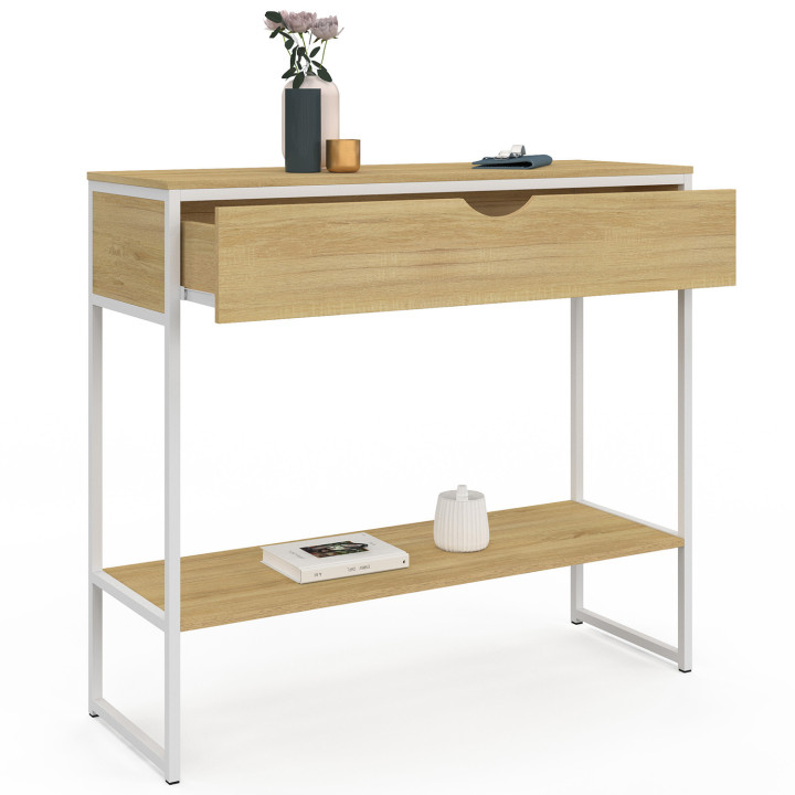 Console 1 tiroir DETROIT 1 étagère design industriel bois et métal blanc