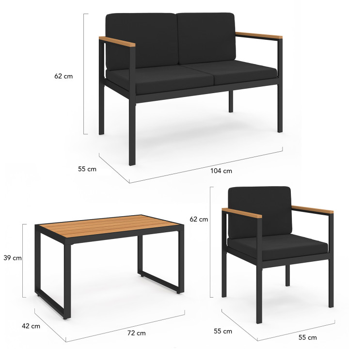 Conjunto de muebles bajos de jardín de acero negro y madera de 4 plazas - ZANZIBAR | ID Market Conjunto de muebles bajos de jardín de acero negro y madera de 4 plazas - ZANZIBAR | ID Market
