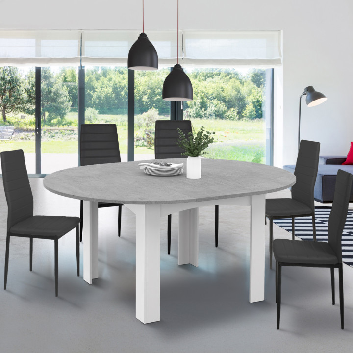 Table à manger extensible ronde DONA 4-8 personnes blanc plateau effet béton 110-150 cm