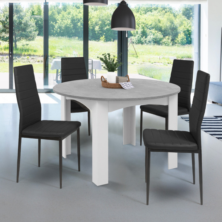 Table à manger extensible ronde DONA 4-8 personnes blanc plateau effet béton 110-150 cm