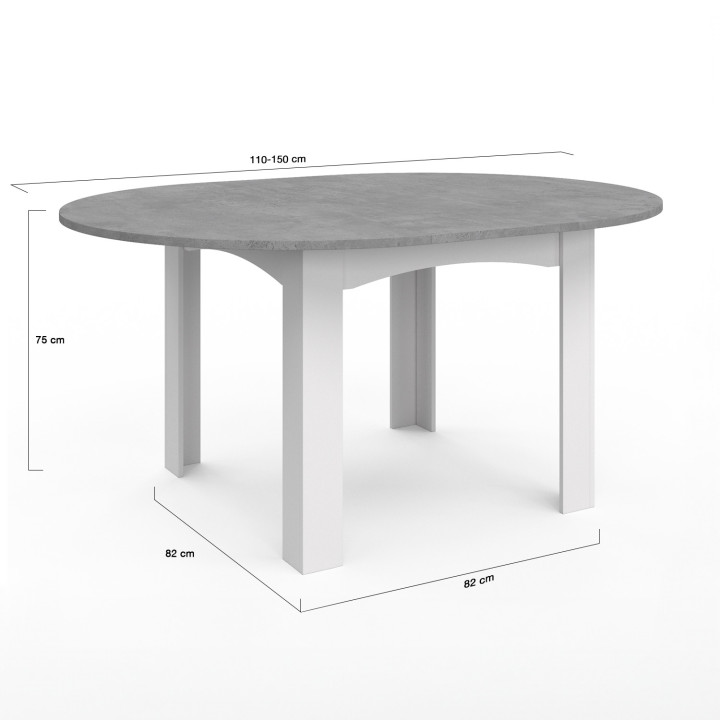 Table à manger extensible ronde DONA 4-8 personnes blanc plateau effet béton 110-150 cm