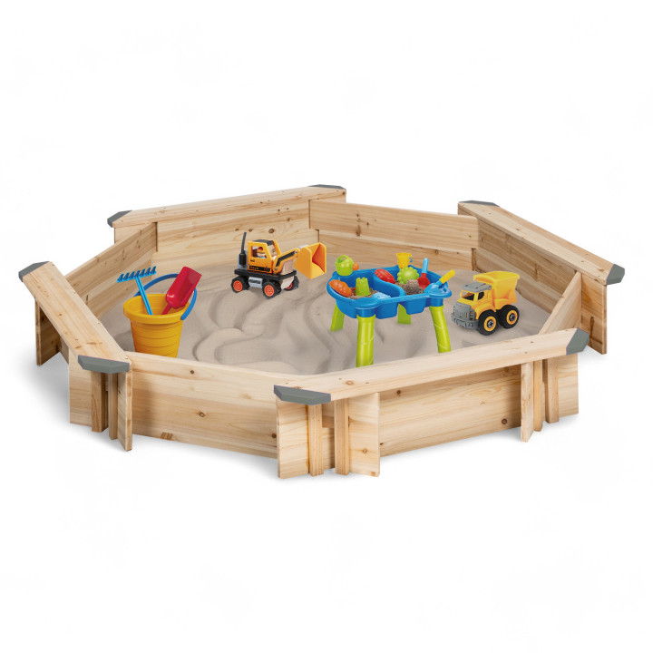 Achthoekige houten zandbak met 4 bankjes en beschermhoes - TOYS | ID Market