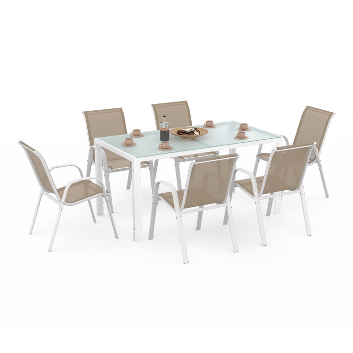 Salon de jardin 6 places table 150cm chaises empilables blanc et beige - MADRID | ID Market
