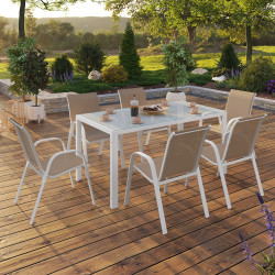 Gartenmöbel für 6 Personen Tisch 150cm Stühle stapelbar weiß und beige - MADRID | ID Market