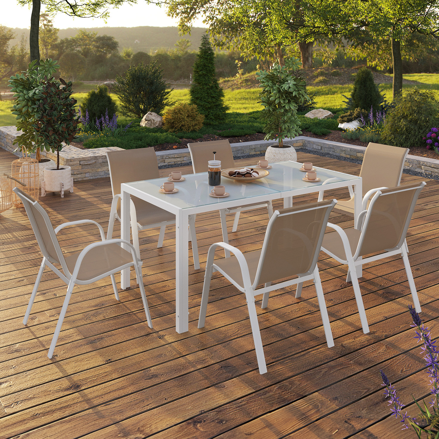 Salon de jardin 6 personnes chaises empilables blanc et beige table 150 cm