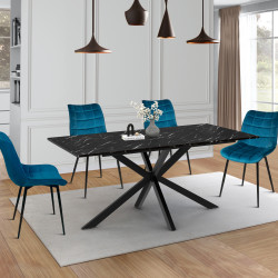 Table à manger rectangle ALIX 8 personnes pied araignée noir et plateau effet marbre noir ALASKA 160 cm