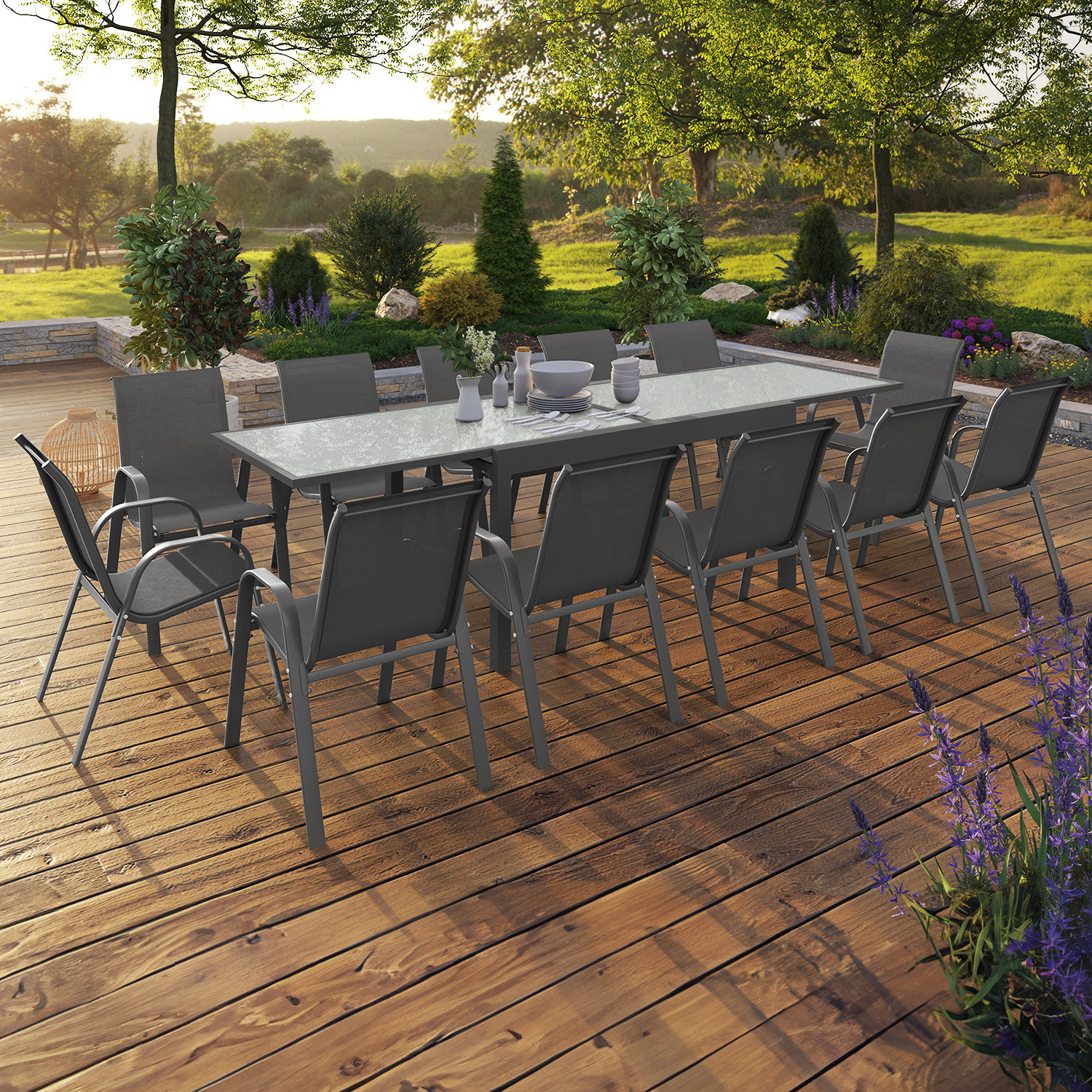 Table de jardin extensible 12 places grise avec chaises