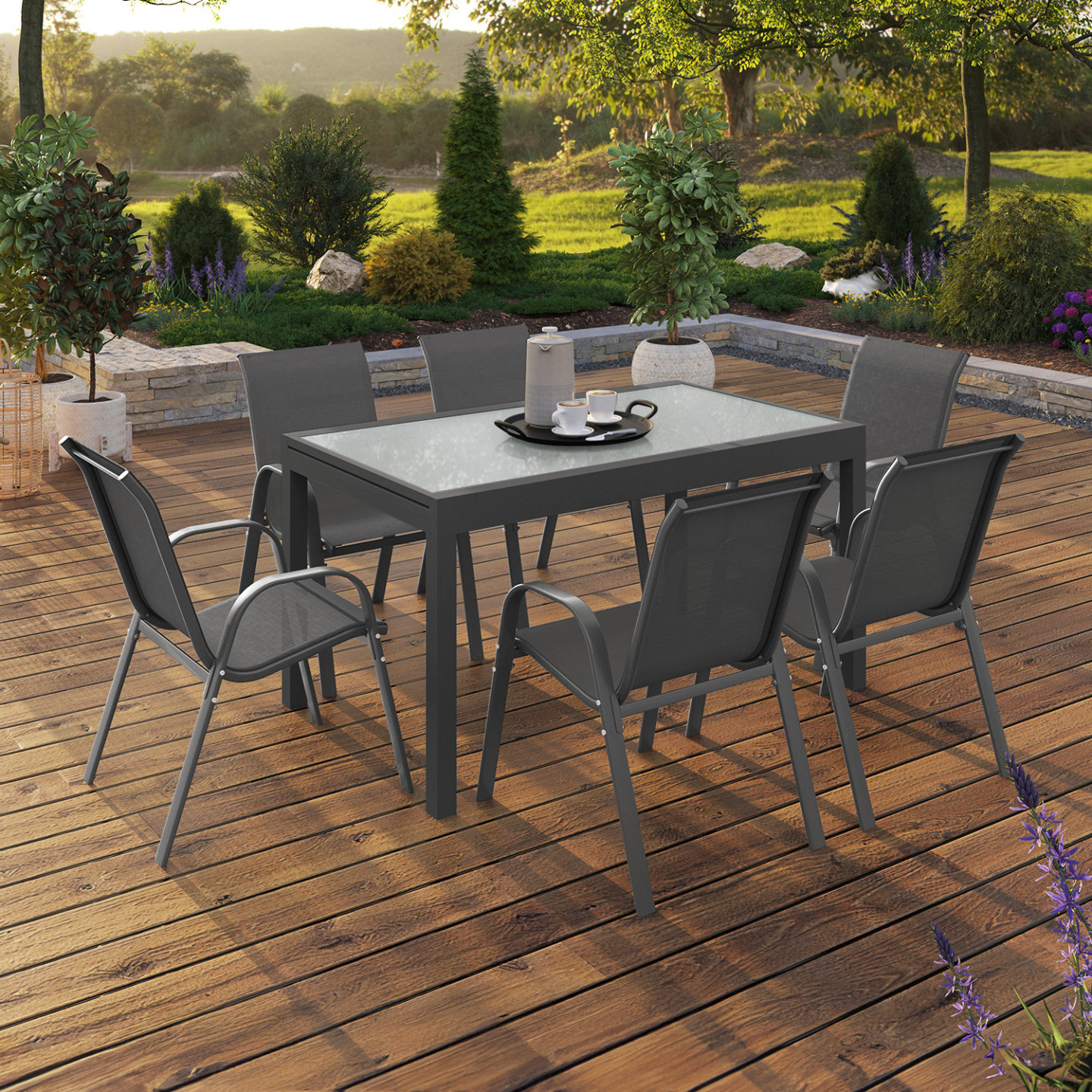 Table de jardin extensible 12 places gris anthracite avec chaises