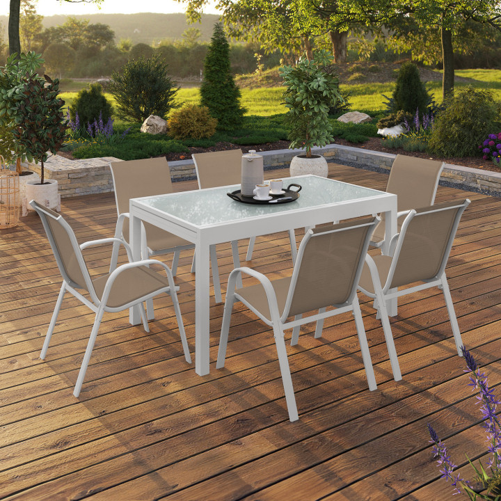 Conjunto de muebles de jardín MADRID mesa extensible 135-270 cm y 12 sillas apilables blanco y beige Conjunto de muebles de jardín MADRID mesa extensible 135-270 cm y 12 sillas apilables blanco y beige
