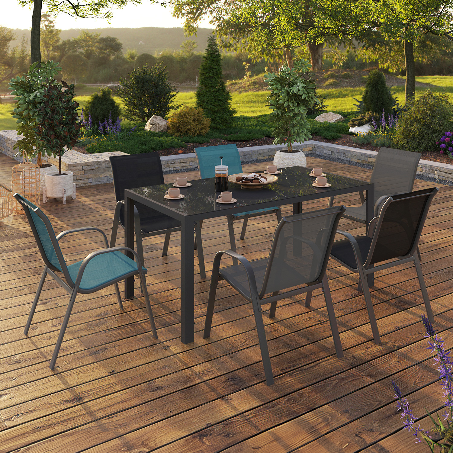 Salon de jardin avec table 150 cm et 6 chaises empilables mix color et acier