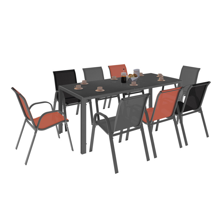 Salon de jardin gris, noir et terracotta avec table 190 cm et 8 chaises empliables - MADRID | ID Market