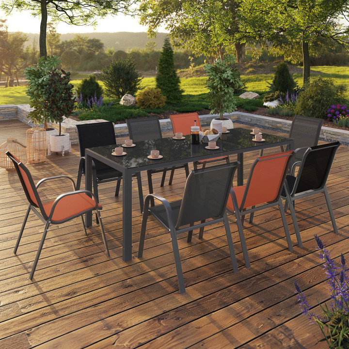 Salon de jardin MADRID table 190 cm et 8 chaises empilables mix color gris, noir et terracotta