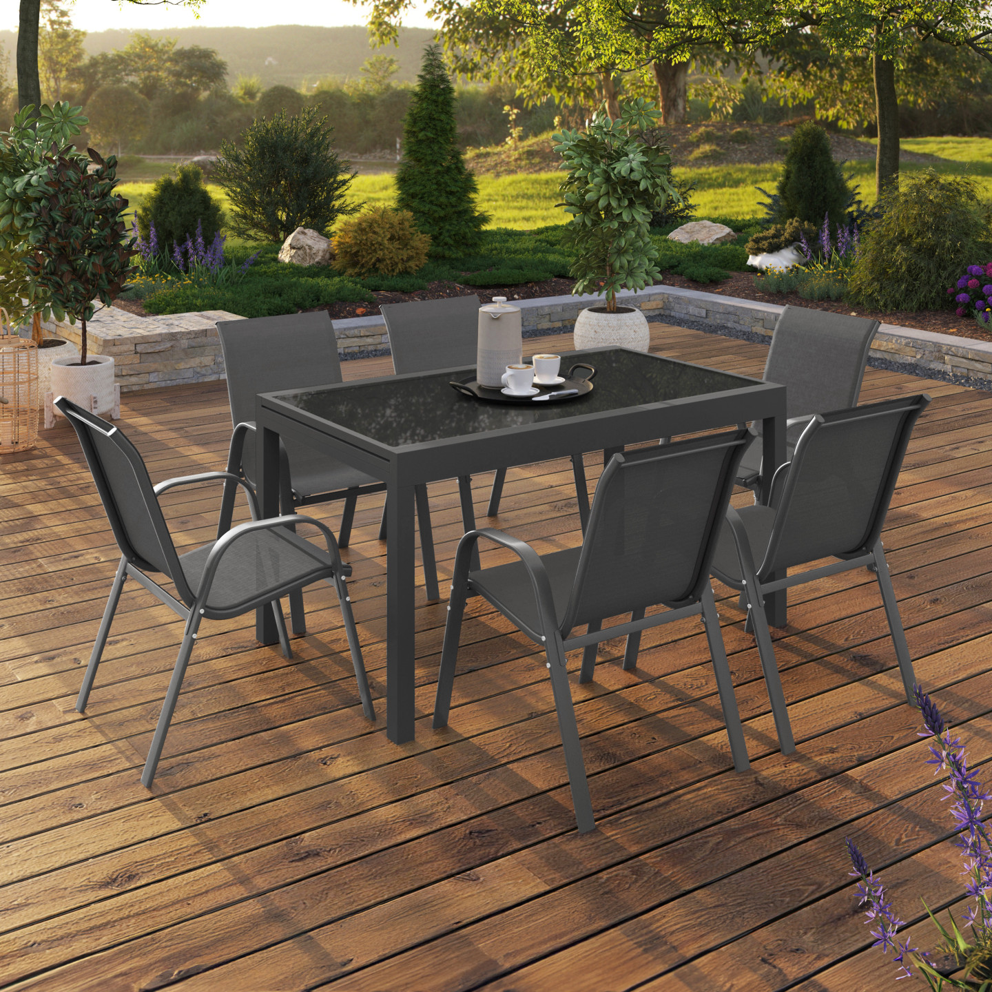 Gartenmöbel ausziehbarer Tisch und 12 Stühle; anthrazitgrau - MADRID