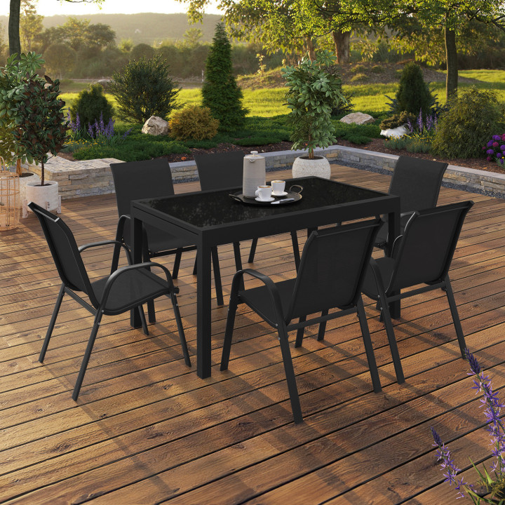 Conjunto de muebles de jardín MADRID mesa extensible 135-270 cm y 12 sillas apilables negro Conjunto de muebles de jardín MADRID mesa extensible 135-270 cm y 12 sillas apilables negro
