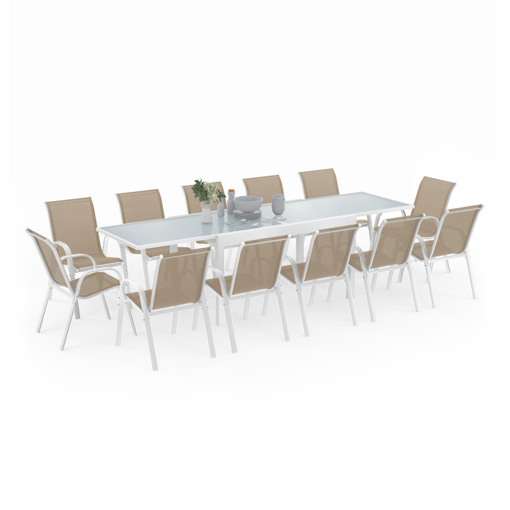 Conjunto de muebles de jardín MADRID mesa extensible 135-270 cm y 12 sillas apilables blanco y beige Conjunto de muebles de jardín MADRID mesa extensible 135-270 cm y 12 sillas apilables blanco y beige