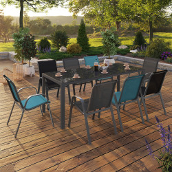 15788 - Gartenmöbel mix color blau, grau und schwarz Tisch 190 cm und 8 stapelbare Stühle Gartenmöbel Tisch und Stühle 8 Sitzer mix color blau, grau und schwarz - MADRID | ID Market
