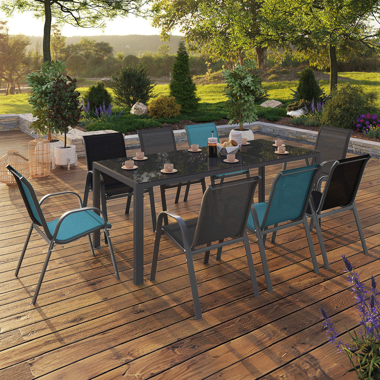 Salon de jardin mix color bleu, gris et noir table 190 cm et 8 chaises empilables