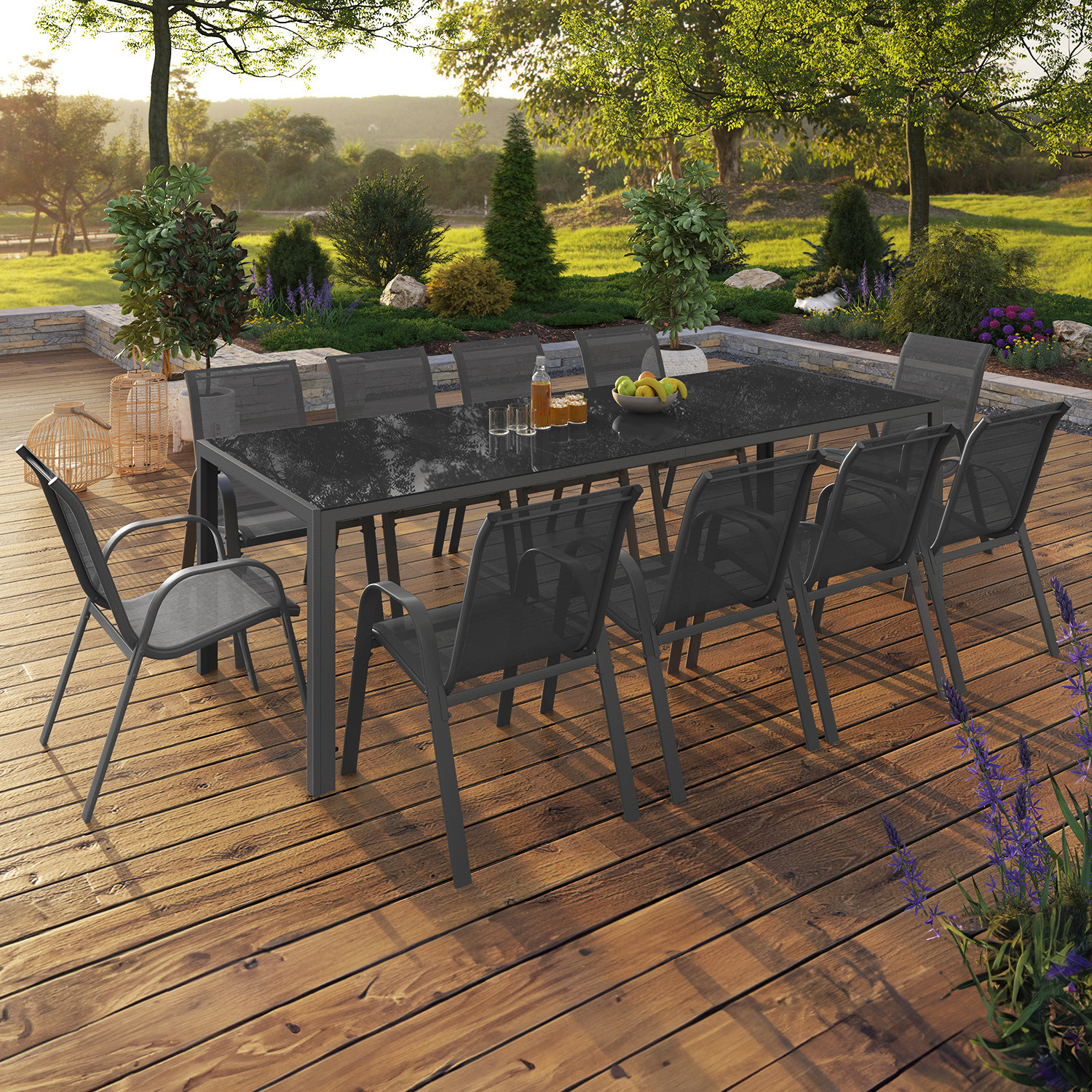 Salon de jardin gris avec chaises empilables 10 personnes