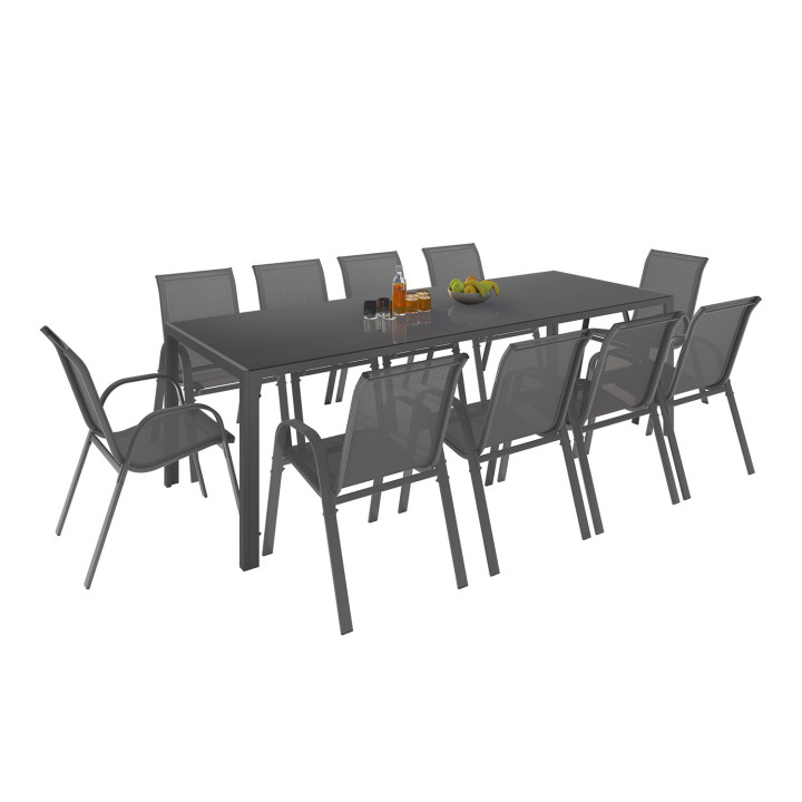 Houtskoolgrijze tuinset met 10 stapelbare stoelen - MADRID | ID Market