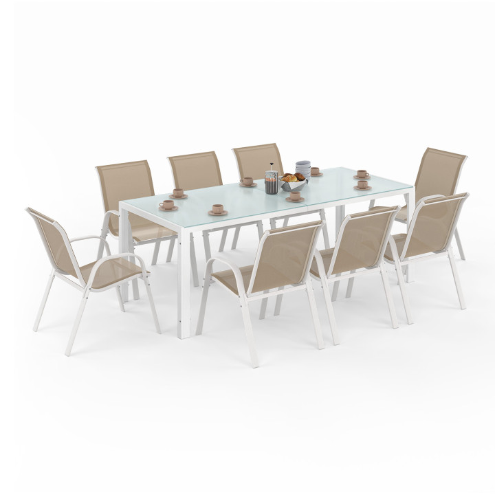Salon de jardin MADRID table 190 cm et 8 chaises empilables blanc et beige
