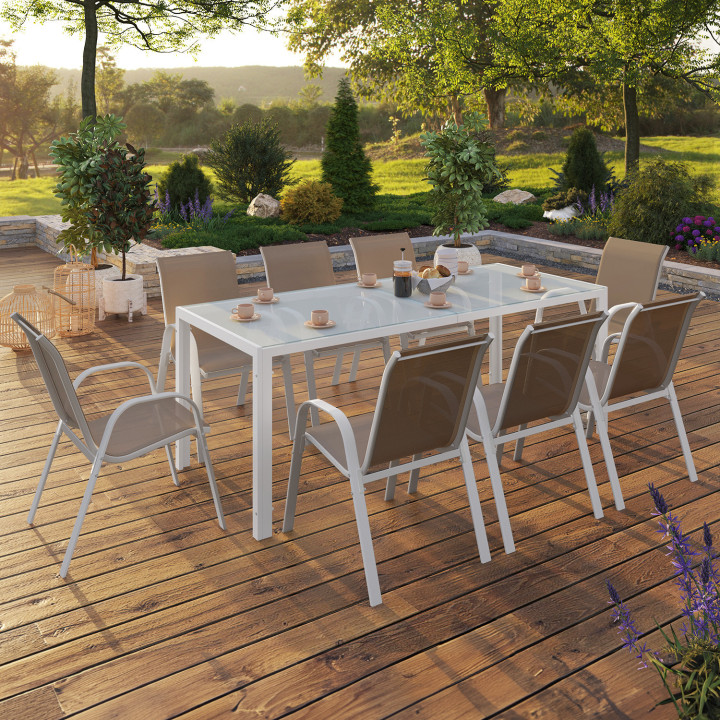 Salon de jardin MADRID table 190 cm et 8 chaises empilables blanc et beige