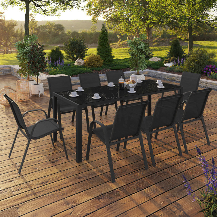 Tuinmeubelset, tafel en stoelen, 8 zits, zwart - MADRID | ID Market