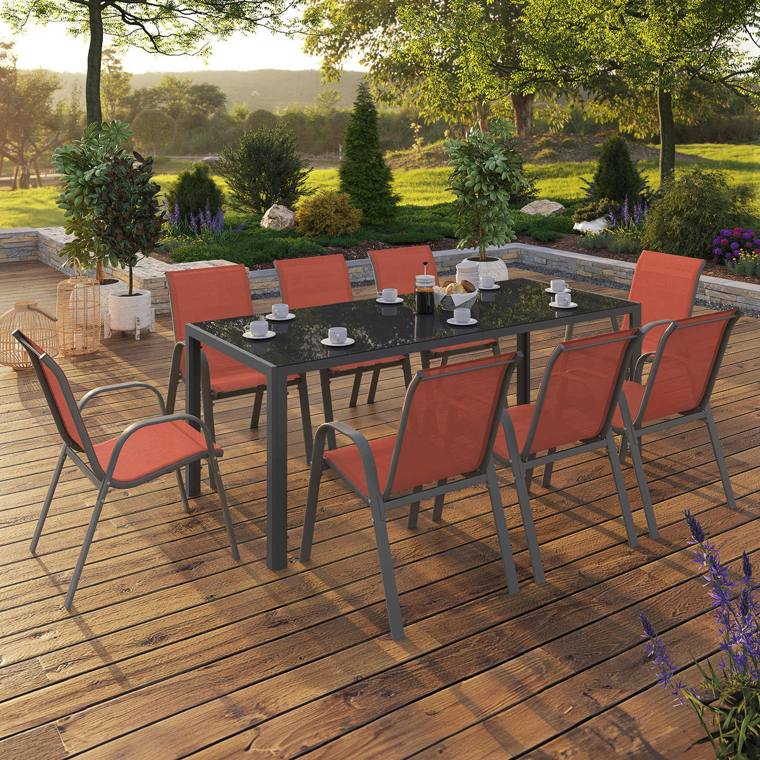 Salon de jardin table 190cm et 8 chaises empilables terracotta