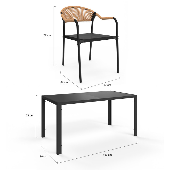 Tuinmeubelset met 6 zwarte textilene en touw stoelen, licht rotan - MADEIRA |ID Market