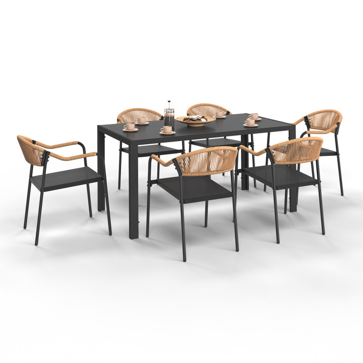 Tuinmeubelset met 6 zwarte textilene en touw stoelen, licht rotan - MADEIRA |ID Market