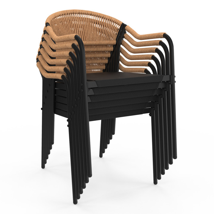 Tuinmeubelset met 6 zwarte textilene en touw stoelen, licht rotan - MADEIRA |ID Market