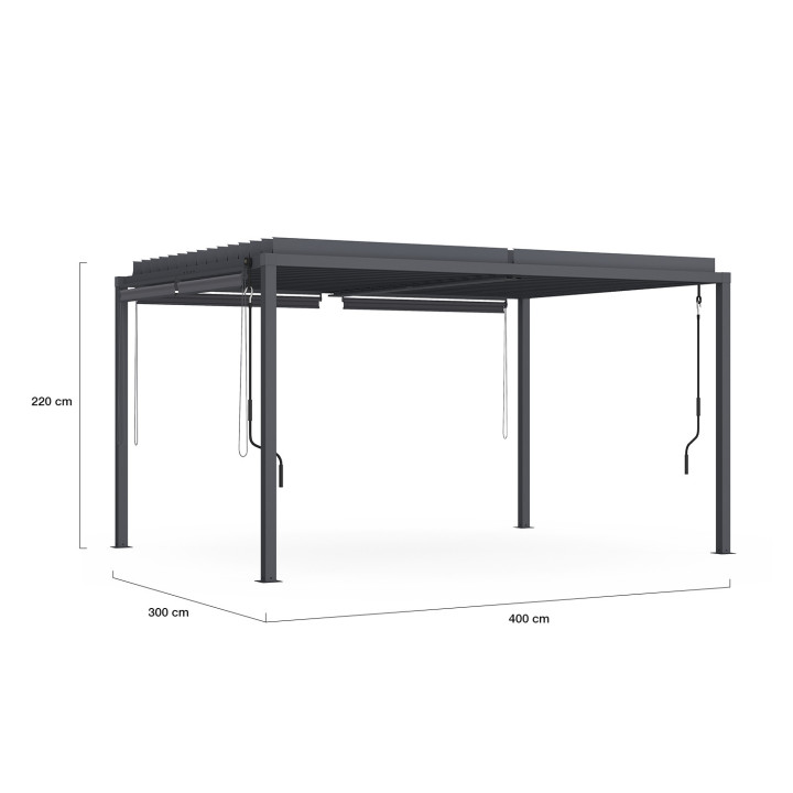Pérgola bioclimática con lamas orientables 3x4M y persianas gris antracita | ID Market