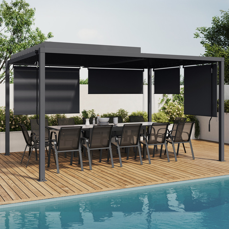 Pérgola bioclimática con lamas de acero orientables 3x4 m y 4 persianas gris antracita